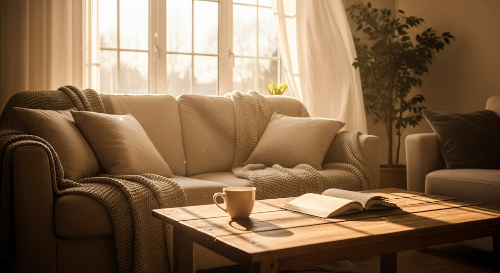 A clean, warm living room representing improved air quality after using Blaze Away odor neutralizer to remove furnace and heating system smells.