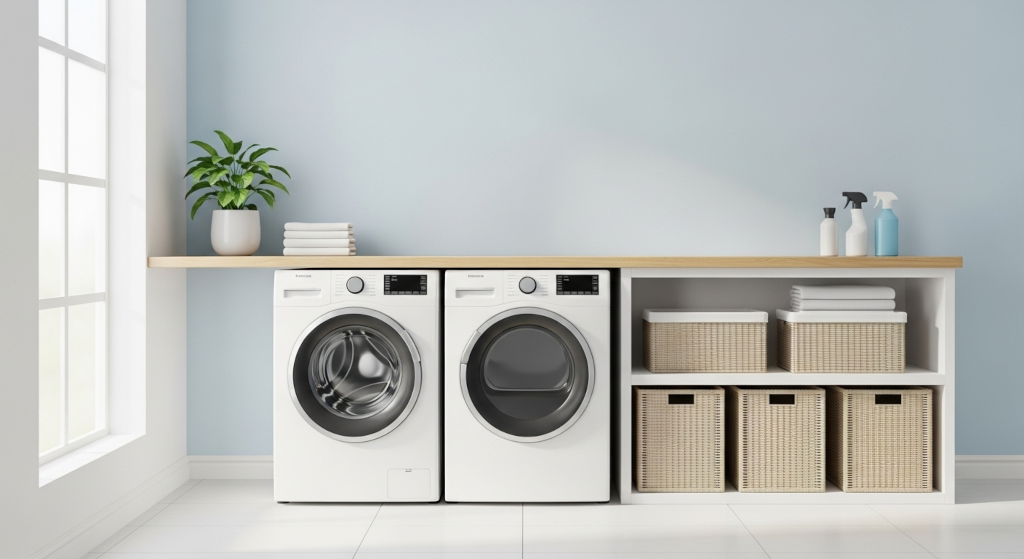 A bright, organized laundry room showing clean air and fresh fabrics, representing how odor-neutralizing pre-treat habits and better routines prevent sour laundry smells.