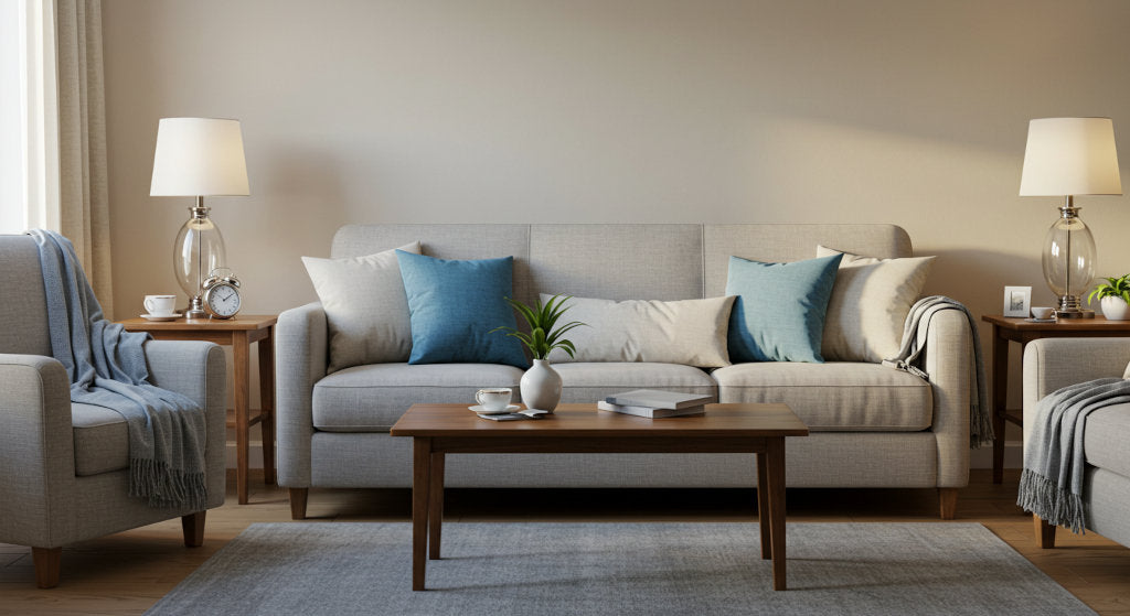 A tidy family room in evening light symbolizes lasting freshness through consistent odor-neutralizing routines and balanced indoor air circulation.