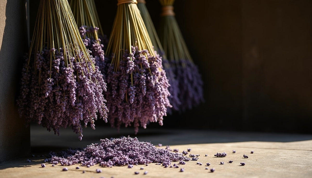 Bundles of harvested lavender hung to dry and faded to dusty grey-green, with loose buds below