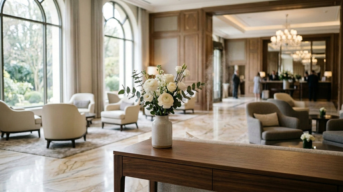 Elegant hotel lobby with a signature scent diffusing in soft morning light