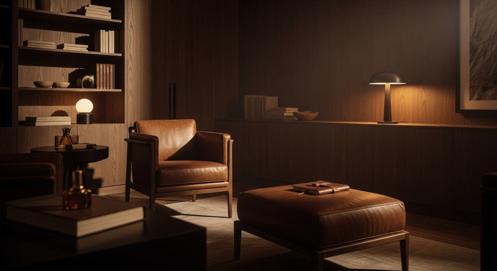 A sophisticated study interior featuring warm wood and leather details that reflect the timeless character and quiet luxury of the Pure Leather fragrance.
