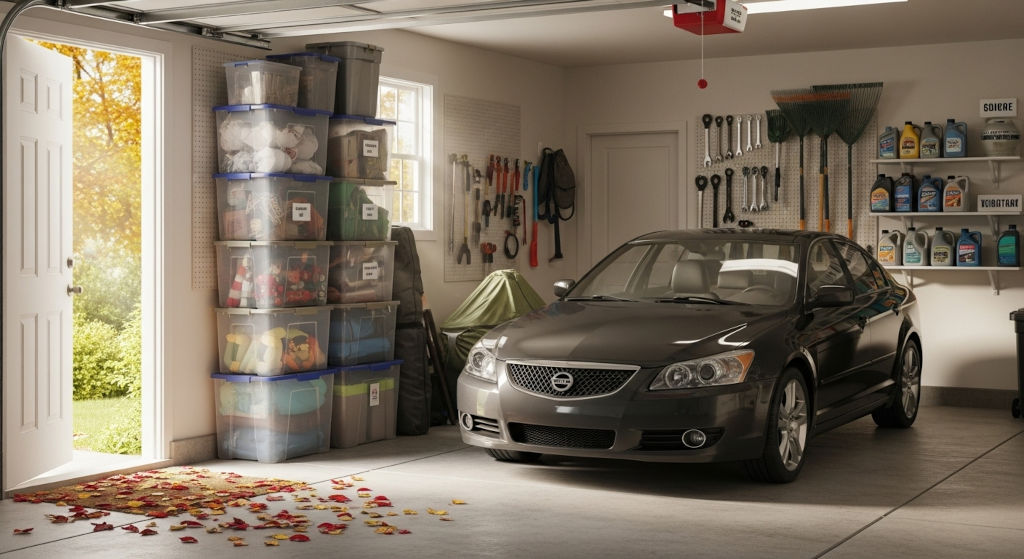 A bright, organized garage scene representing clean, balanced air after odor-neutralizing spray use. Captures fall preparation and odor control before winter storage.