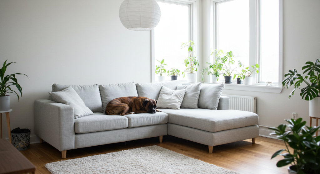 Using a fabric-safe odor control spray to eliminate pet smells from upholstery and restore freshness to indoor spaces