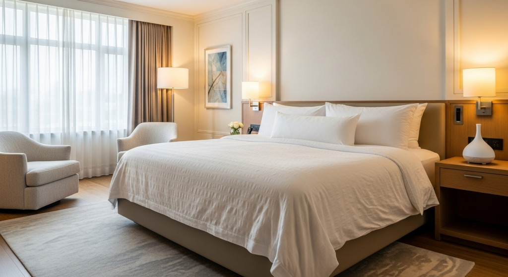 A calming bedroom concept inspired by hotel fragrance routines. Soft floral and gentle wood oils create a peaceful atmosphere that guests often compliment. Cold air diffusion keeps the notes balanced, clean, and consistent through the night.