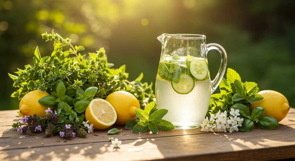 A curated garden table scene with lemons, fresh herbs, and white flowers evokes the essence of summer fragrance.