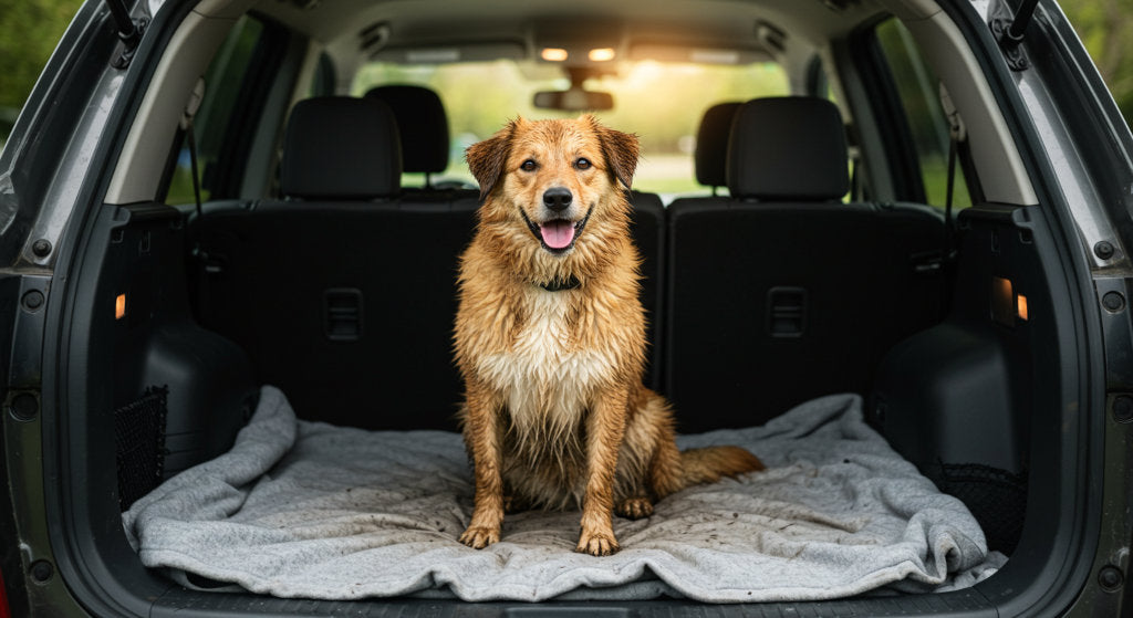 A damp, dirty dog sits on a folded blanket in the back of an SUV after a park trip, creating odors that require odor neutralizing spray and fresh air circulation.