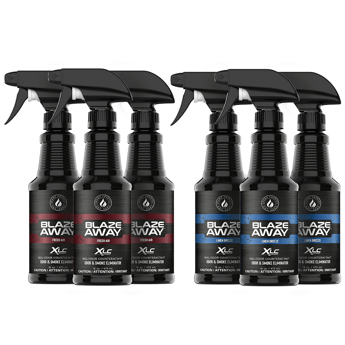 Blaze Away mixed 6 pack of 16 oz smoke and odor neutralizer sprays, 3 Fresh Air and 3 Linen Breeze