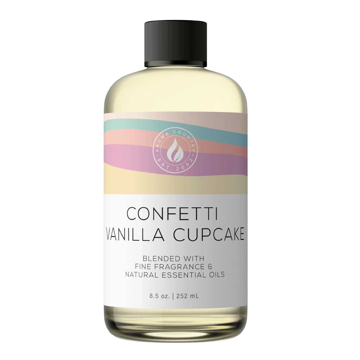 Aroma Country Confetti Vanilla Cupcake diffuser oil, 8.5 oz (252 mL) bottle with a black cap on a white background