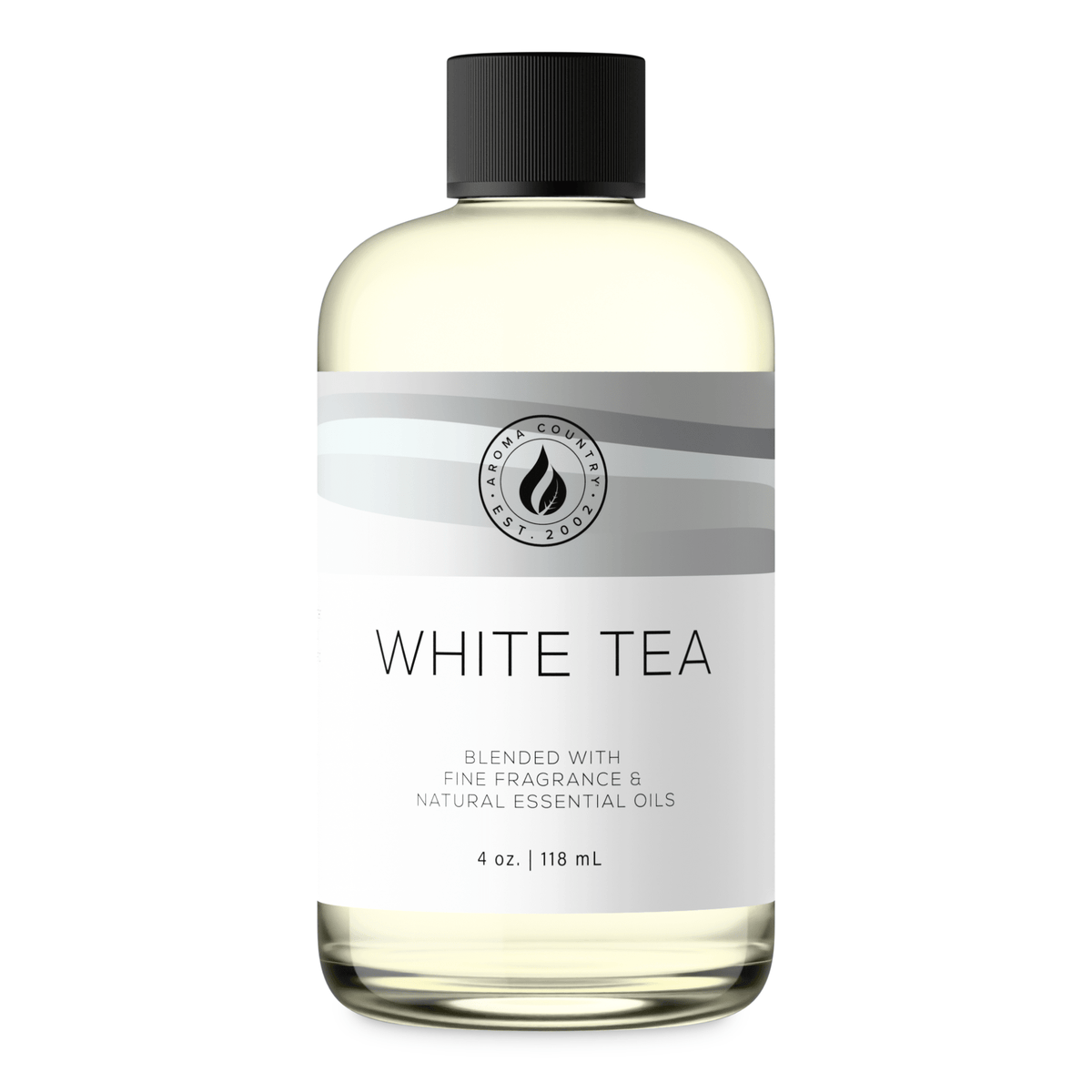 Aroma Country White Tea diffuser oil, 4 oz (118 mL) bottle with a black cap on a white background