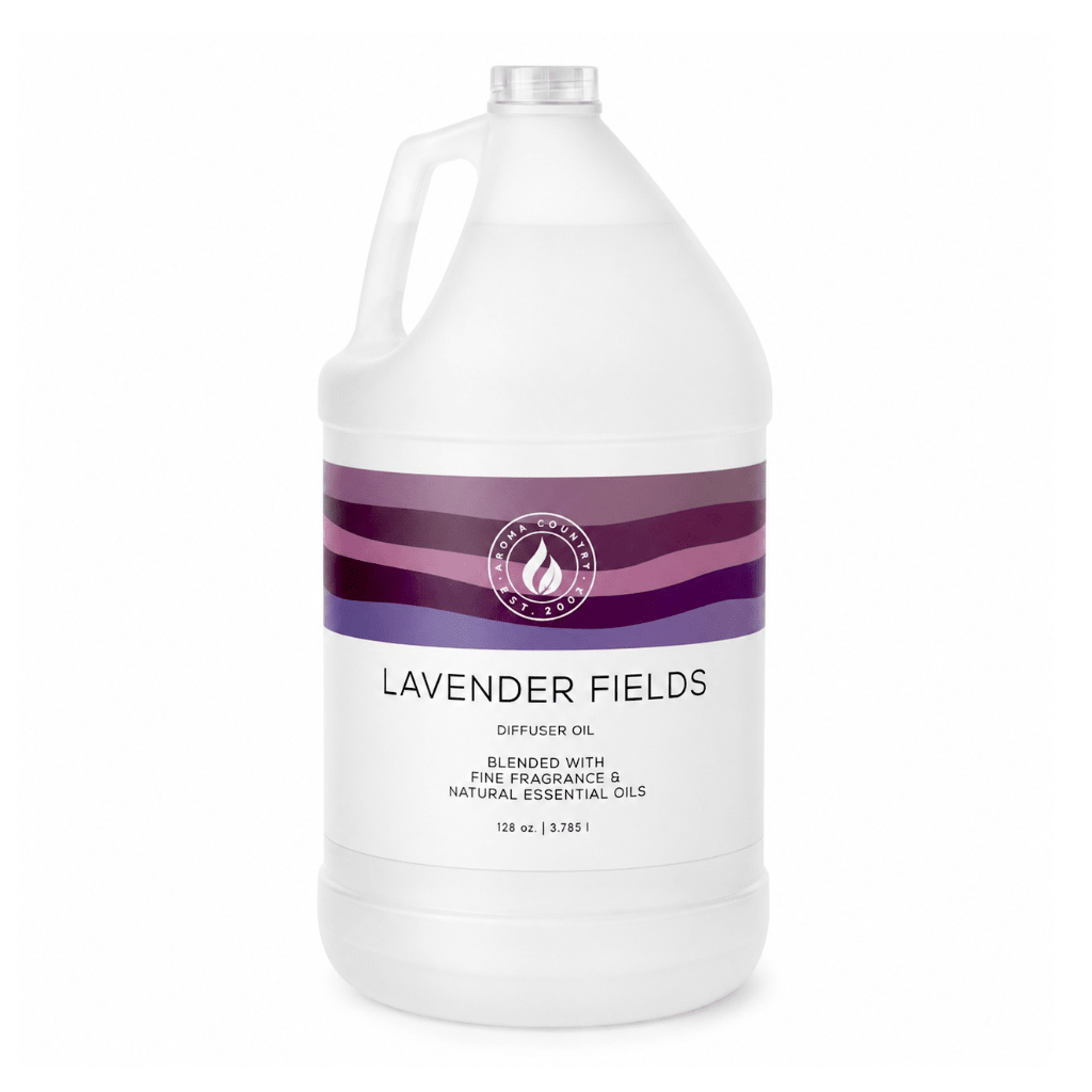 Lavender Fields cold air diffuser oil in a 128 oz gallon jug with soft herbal lavender character, calming floral warmth, and gentle airy freshness for large-space spa-inspired scenting