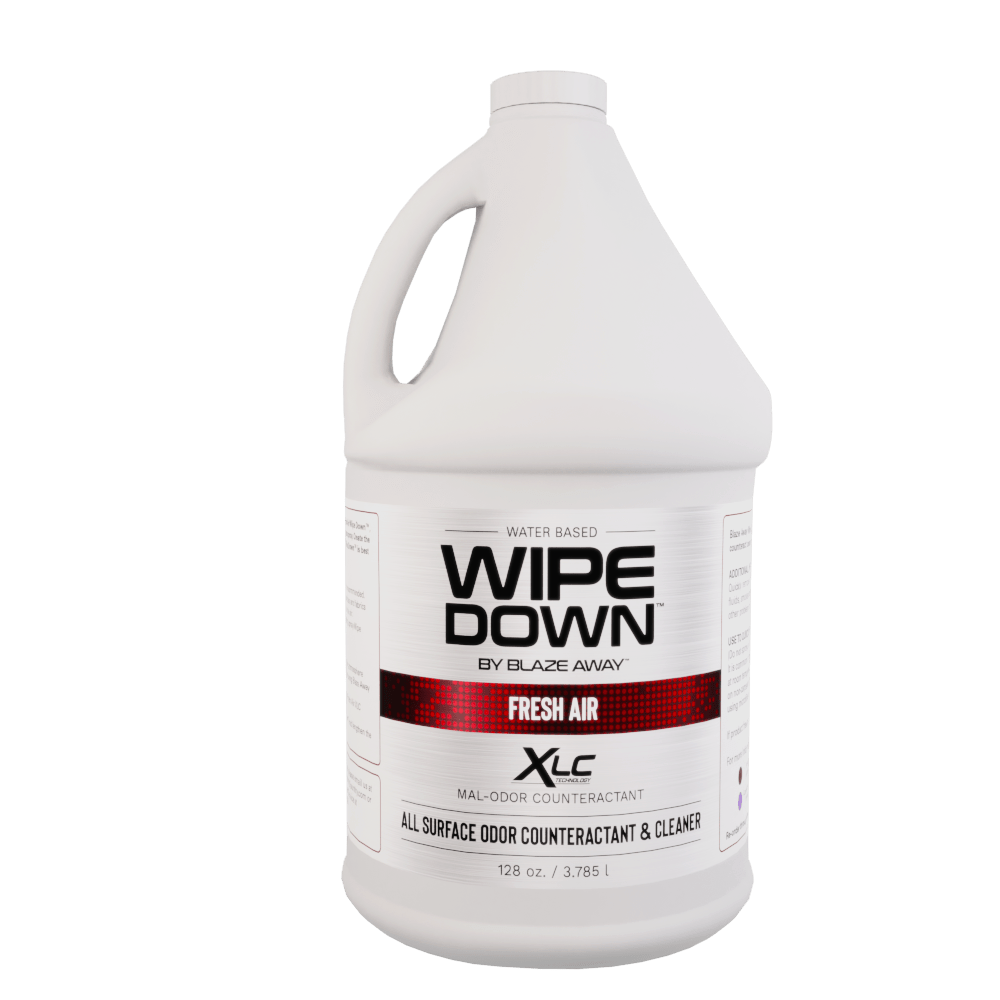 Wipe Down by Blaze Away gallon jug labeled Fresh Air, a powerful all-surface odor counteractant and cleaner designed to neutralize strong indoor odors.