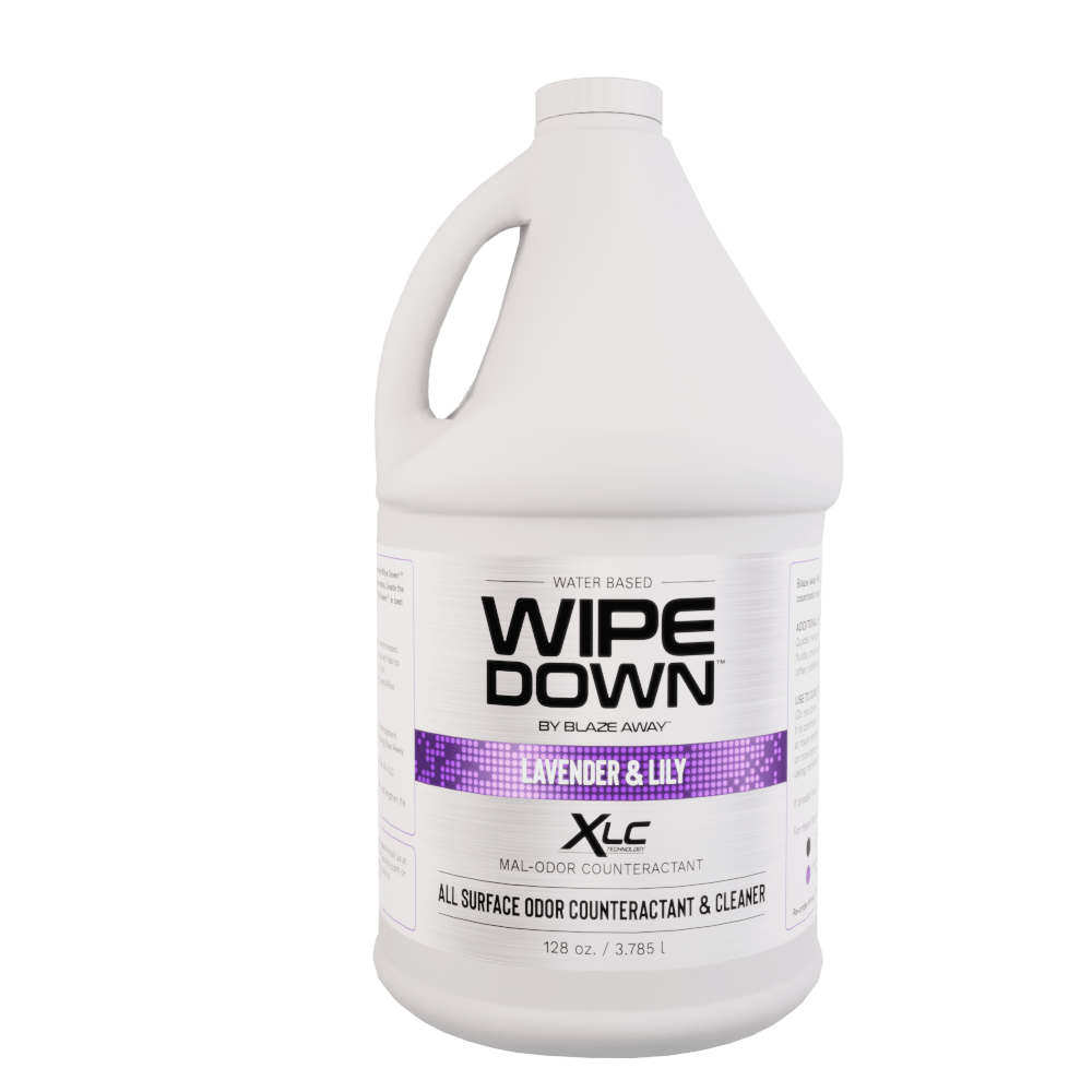 Wipe Down by Blaze Away gallon jug in Lavender & Lily scent, designed as a water-based all-surface odor counteractant and indoor cleaner for lingering odors.
