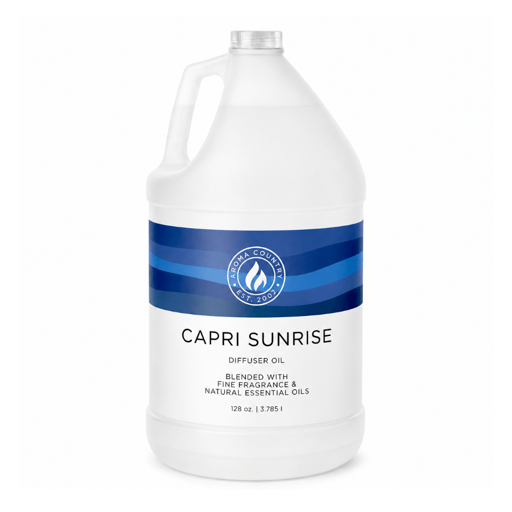Capri Sunrise Mediterranean home fragrance in a 128 oz gallon jug with bright citrus character, soft sea-air freshness, and warm sunlit floral depth for large-space coastal scenting