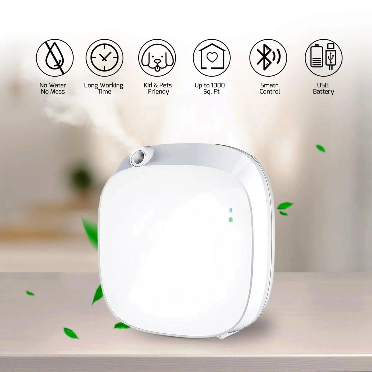 Aroma Country’s white cold-air diffuser displayed with icons showing benefits like no water use, smart control, USB charging, and pet-safe fragrance.
