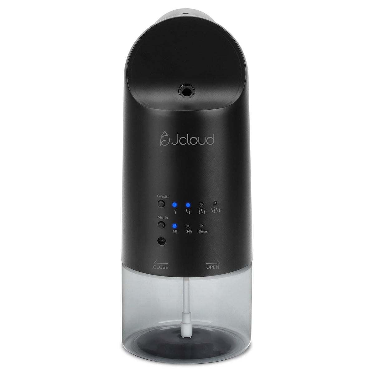JCLOUD smart plug-in scent diffuser in black with grade and mode controls, 12-hour and 24-hour timer settings, and waterless oil delivery for ambient home scenting