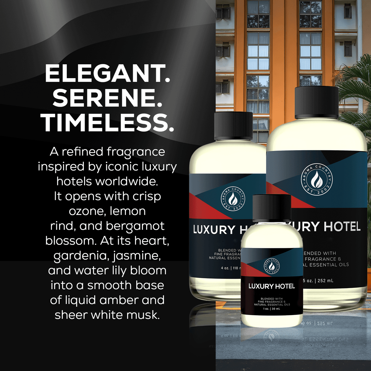 Elegant home scent aroma blend with ozone citrus gardenia jasmine amber and white musk creating a calm refined luxury fragrance atmosphere