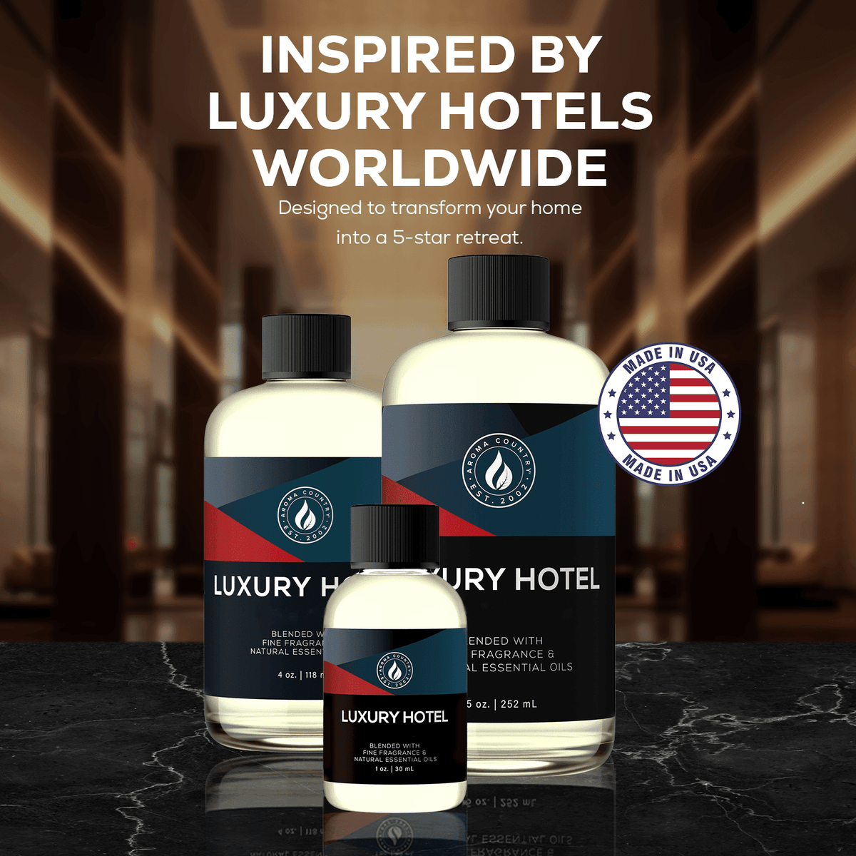 Luxury Hotel premium home fragrance aroma oil crafted in the USA designed for cold air scent systems delivering a smooth citrus floral musk fragrance