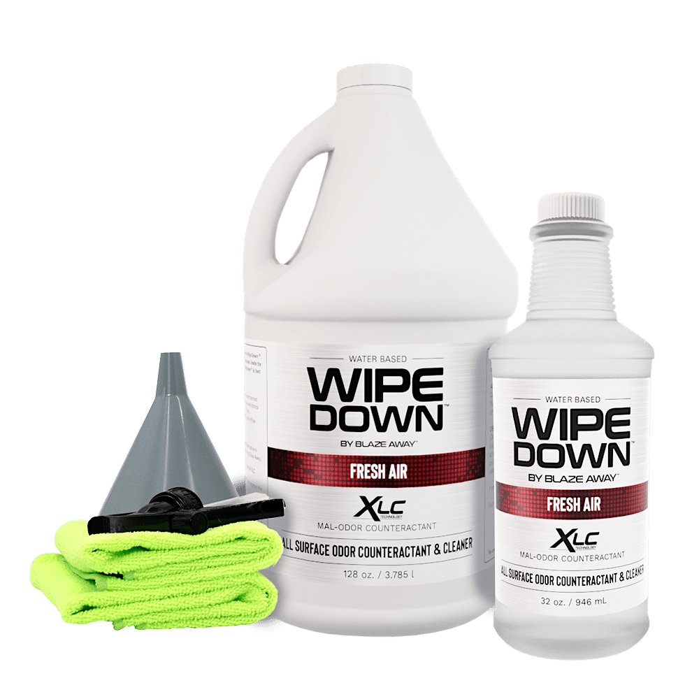 Fresh Air Wipe Down 1-gallon odor neutralizer kit with 32oz refill, funnel, microfiber towels, and sprayer for all-surface odor elimination.