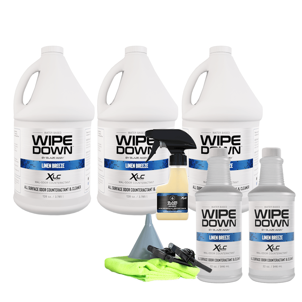 Complete Wipe Down Linen Breeze kit by Blaze Away, with three 1-gallon jugs, two 32 oz bottles, one spray bottle, funnel, microfiber cloth, and accessories for multi-surface odor elimination.
