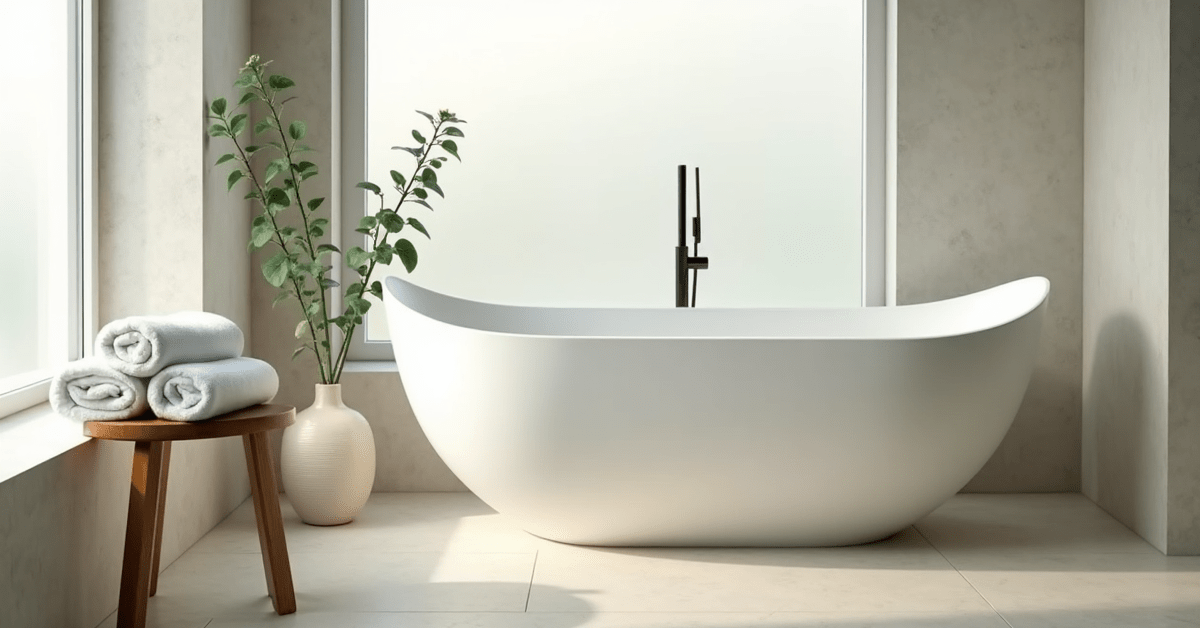 A bright modern bathroom with a white soaking tub, folded towels and greenery in soft daylight