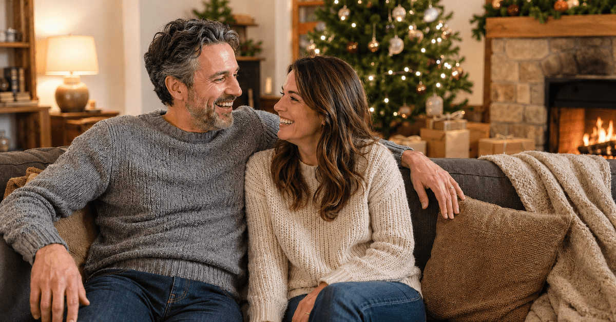 Una pareja riendo en un sofá junto a un árbol de Navidad iluminado con una chimenea encendida