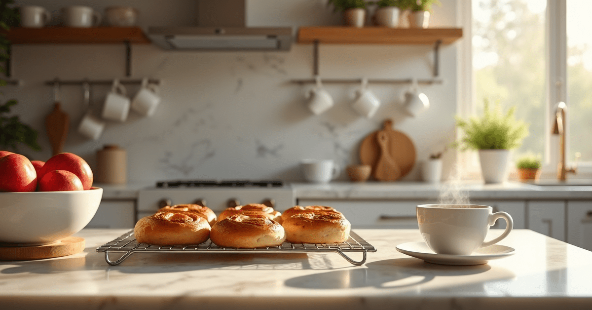 Una cocina cálida con rollos de canela enfriándose en una encimera de mármol junto a manzanas y una taza humeante