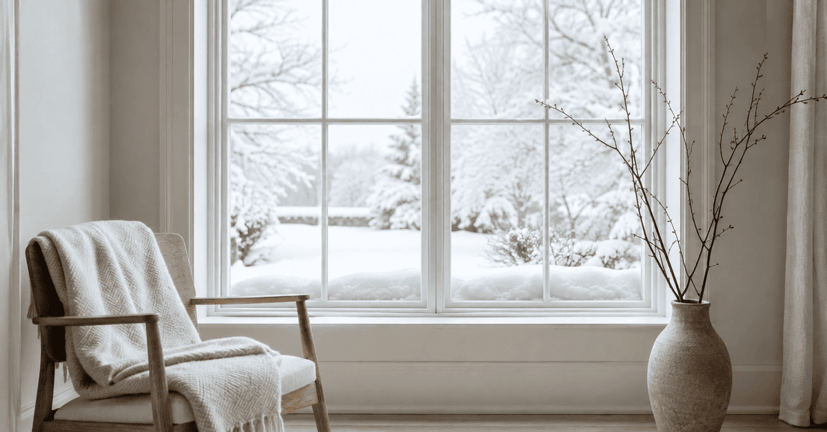 Una tranquila habitación invernal con nieve profunda en el alféizar y un jardín blanco más allá de la ventana