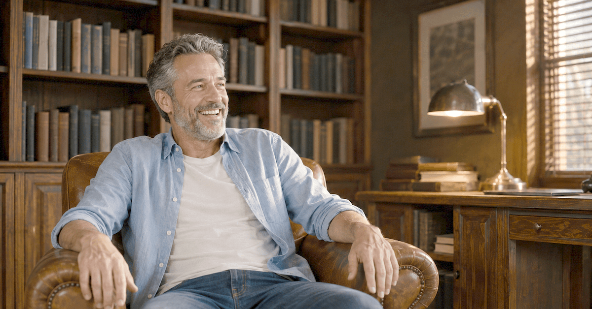 Un hombre riendo en un sillón de cuero en un cálido estudio forrado de libros