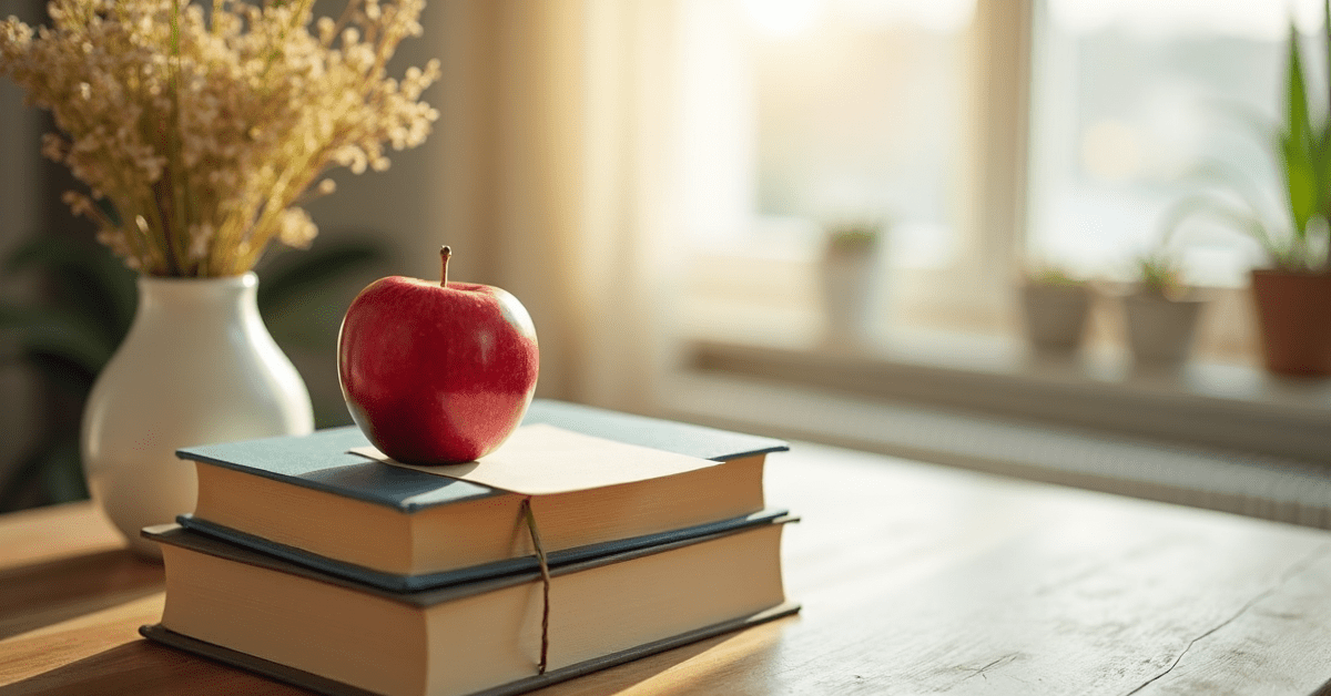 Una manzana roja sobre una pila de libros junto a un jarrón de flores silvestres en un escritorio soleado