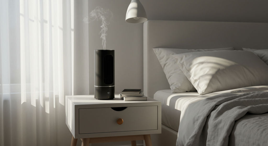 A softly lit bedroom styled for calm mornings, featuring a cold air diffuser and light textiles. This image reflects the soothing start of a scented morning ritual.