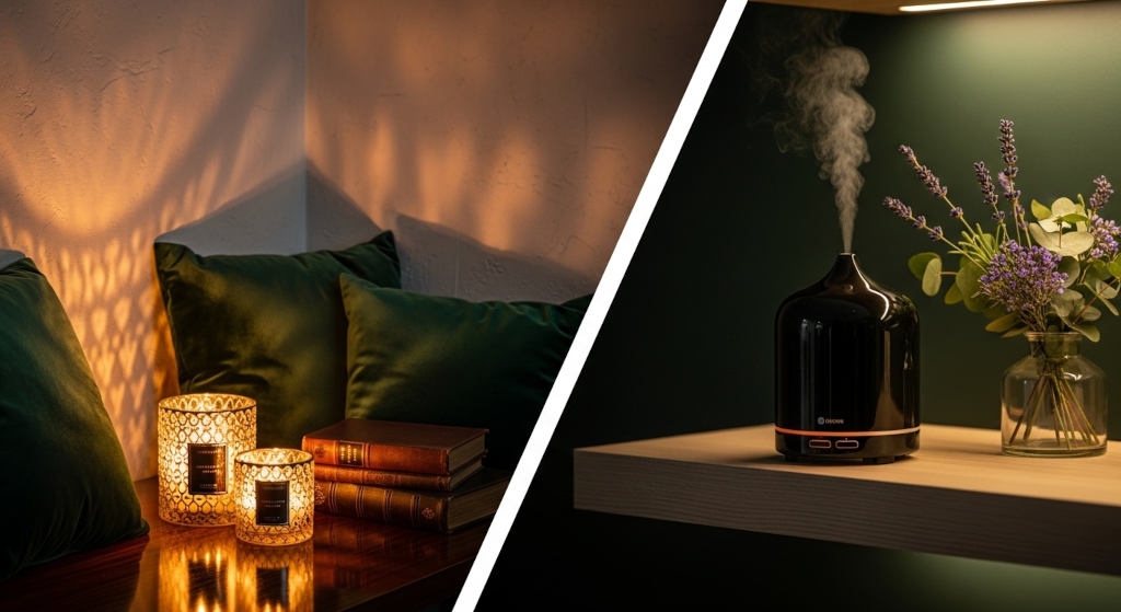 A refined home setting showing how candles offer visual warmth while cold air diffusion provides the clean, consistent fragrance needed for a luxury home atmosphere.