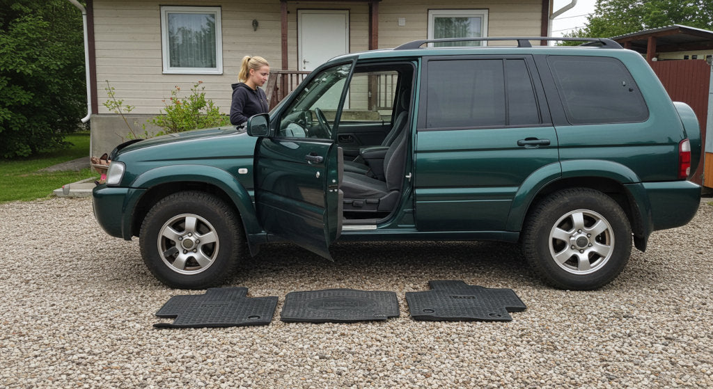 A parked car with doors open and mats propped outside, highlighting how odor neutralizing sprays and airflow work together to remove hidden odors.