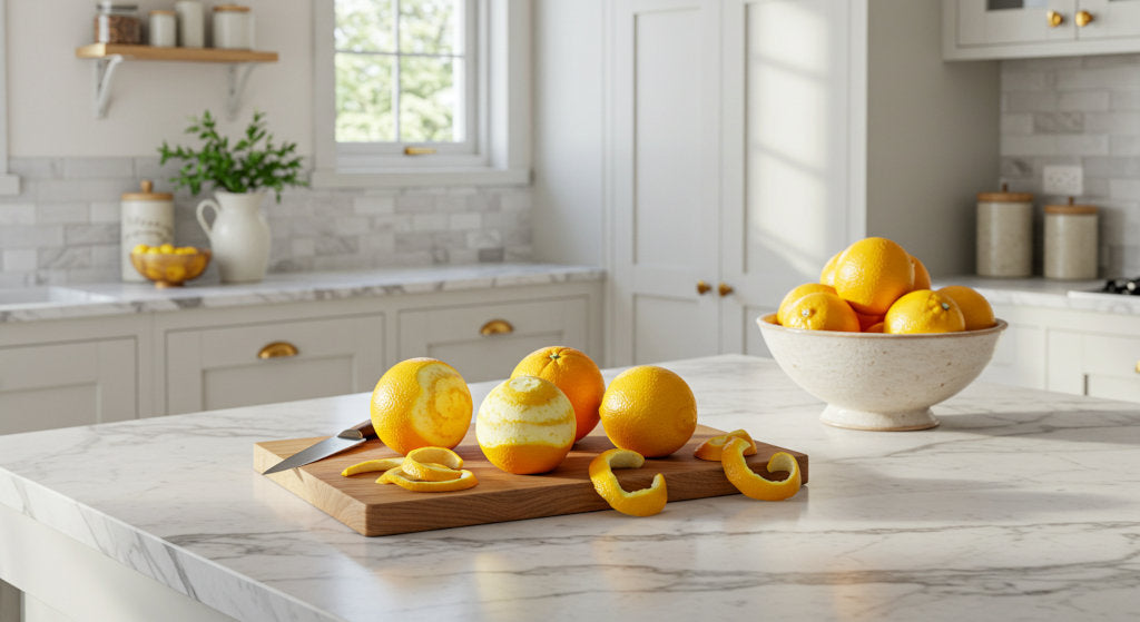 A sunlit kitchen where citrus peels inspire cold air diffusion blends, filling the space with long-lasting, peel-based fragrance oils that refresh the room after cooking.
