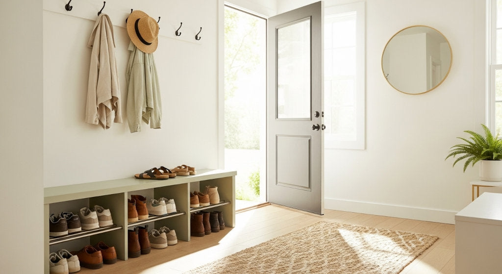 A clean, sunlit entryway representing odor removal and freshness after applying odor-neutralizing sprays and improving airflow to control moisture.