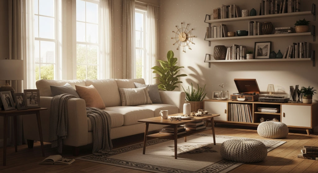 A clean winter living room representing how stale air and soft surfaces hold musty odors in colder months, highlighting the importance of odor-neutralizing habits and airflow.