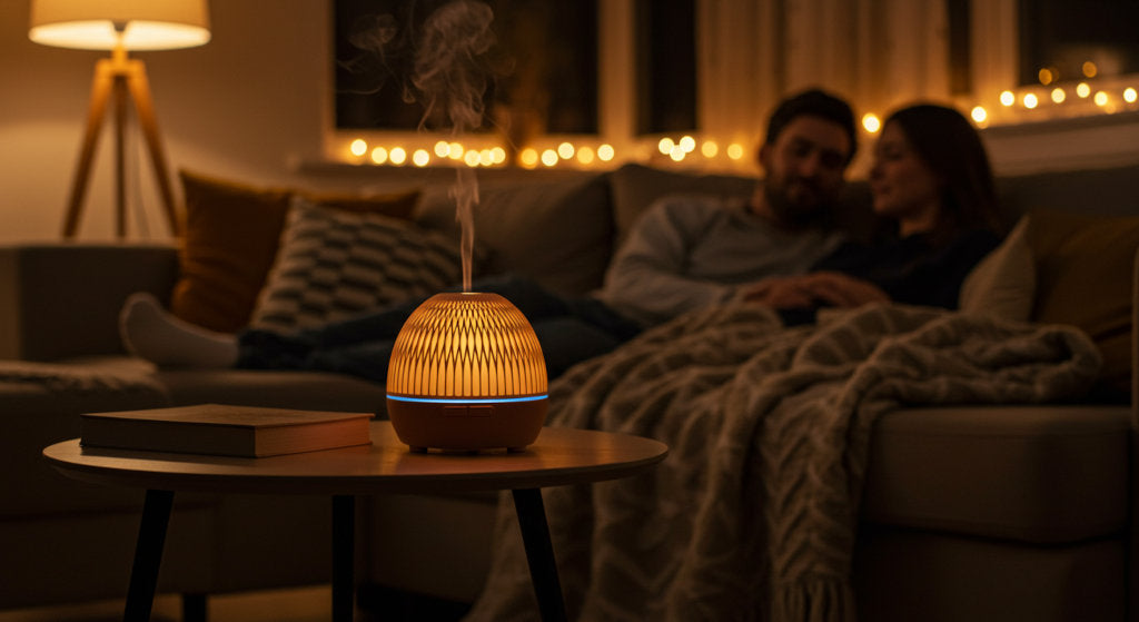 Gentle cold air diffusion fills the living room with warmth and calm, perfect for October evenings.
