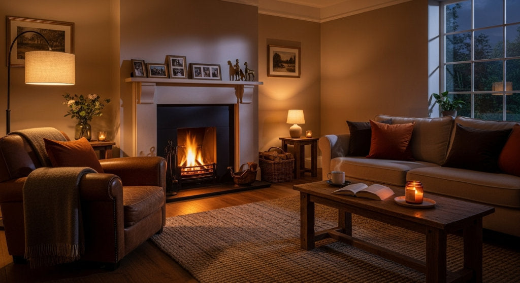 An elegant living room scene capturing evening freshness after using Blaze Away odor-neutralizing spray to maintain air quality and comfort.