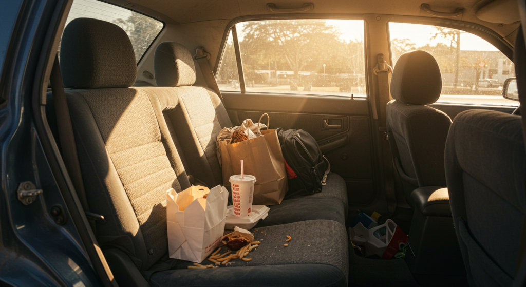 Odor-causing fast food trash in vehicle interior before applying enzyme-powered odor neutralizing spray and fabric-safe deodorizing techniques to remove embedded food smells