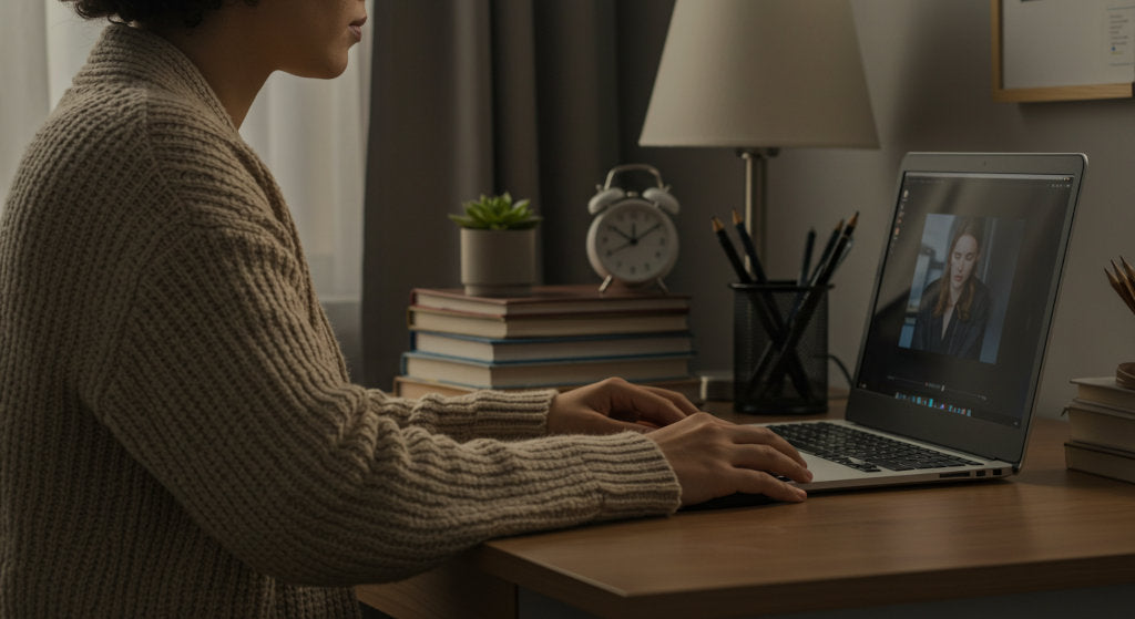A quiet, focused workspace with cold air diffuser, soft textures, and elegant details that support mental clarity and calm for video calls or creative work-from-home sessions