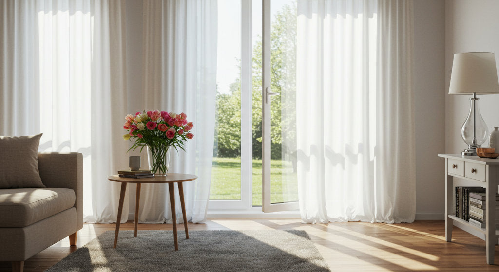 A clean, sunlit living room with open windows promotes fresh airflow and seasonal odor control spray