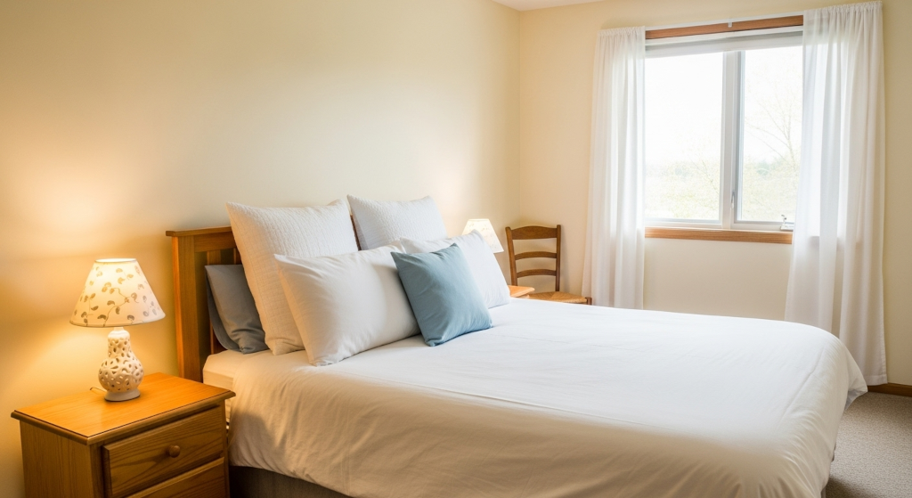 A clean guest bedroom arranged for visitors, symbolizing fresh air, soft surface care, and odor neutralizing steps used before overnight stays.
