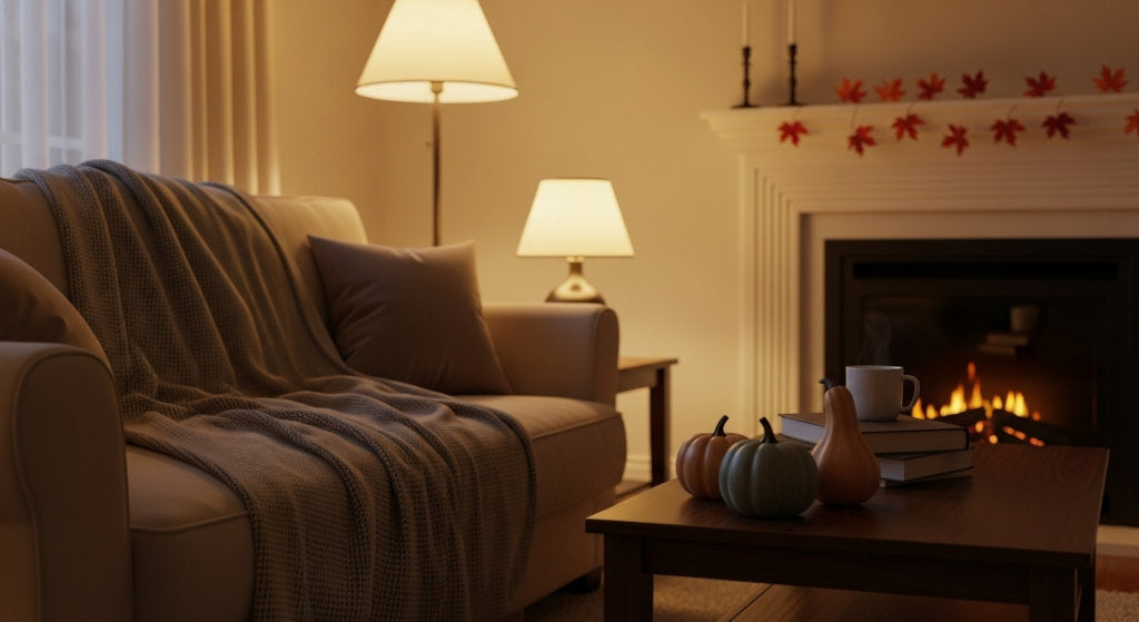 This understated fall living room captures the quiet energy of October evenings, ideal for diffusing smoked citrus, tea, and dry woods for a balanced scent profile.