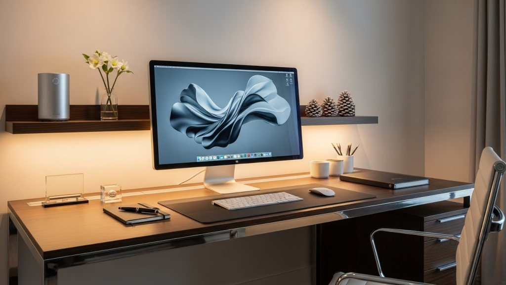 A high end home office concept featuring citrus peel and soft wood fragrance oils. Cold air diffusion supports a polished and expensive smelling workspace that stays clear and balanced throughout the day.