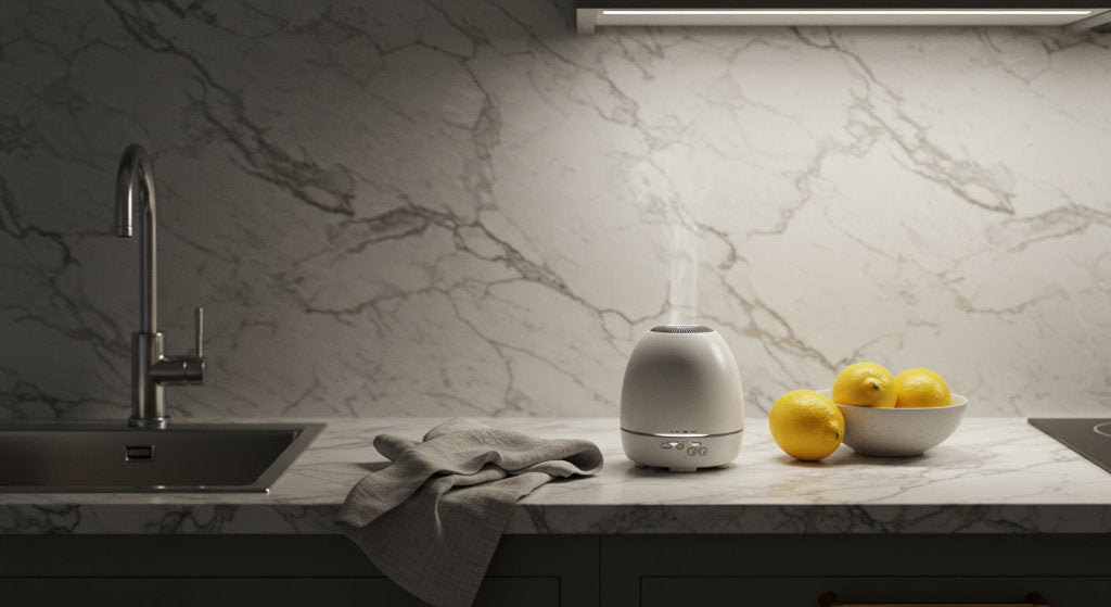 A ceramic cold air diffuser beside citrus elements introduces clean, grounding aroma oils—ideal for refreshing the room with subtle, elegant scent once the meal is complete.