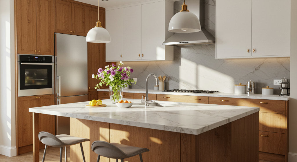 A modern kitchen scene reflecting fragrance oil longevity and cost-per-hour savings with cold air diffusion. Educational and elegant, designed to highlight efficiency and refined scenting.