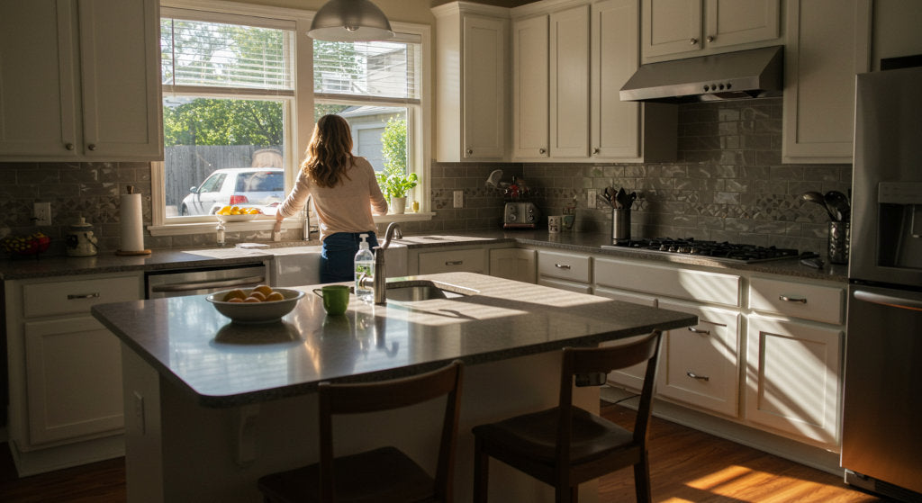 Kitchen space polished and guest-ready, highlighting how odor neutralizing sprays and quick cleaning steps eliminate lingering smells before visitors arrive.