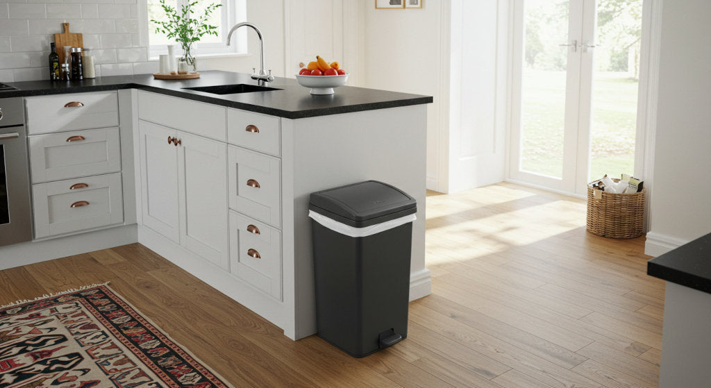 A clean kitchen with a small trash bin tucked neatly away, showing how odor neutralizing sprays and routine care prevent odors from building up indoors.
