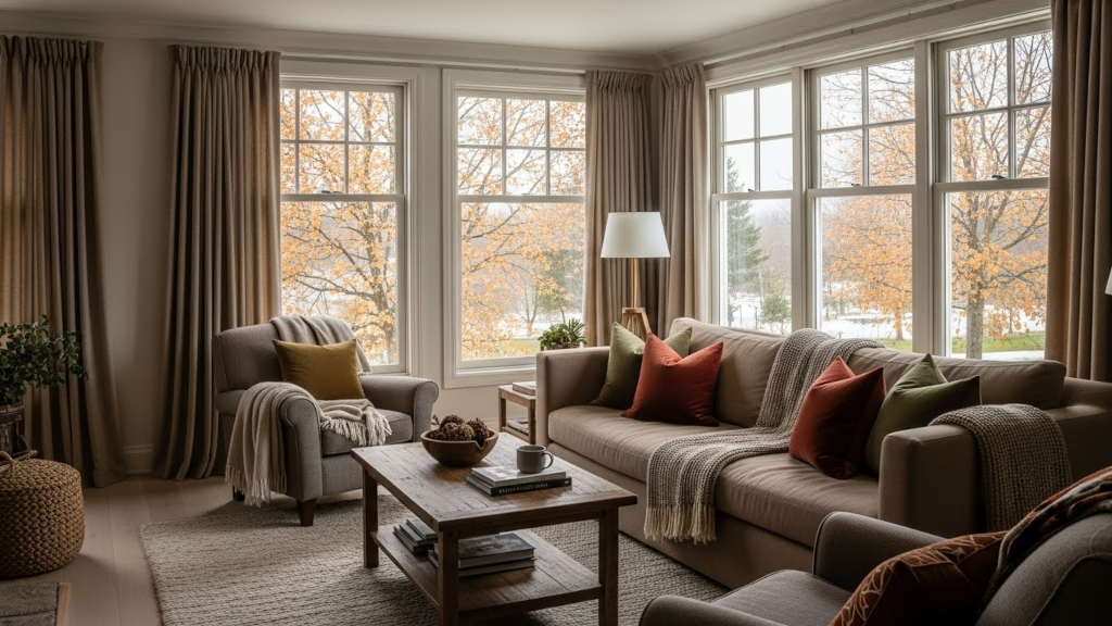 A living room with open curtains symbolizing airflow and odor control habits that refresh soft furniture after holiday cooking odors settle.