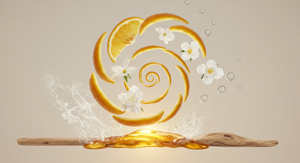 A visual composition of Luxury Hotel’s fragrance notes including lemon peel, white florals, and soft musk accents